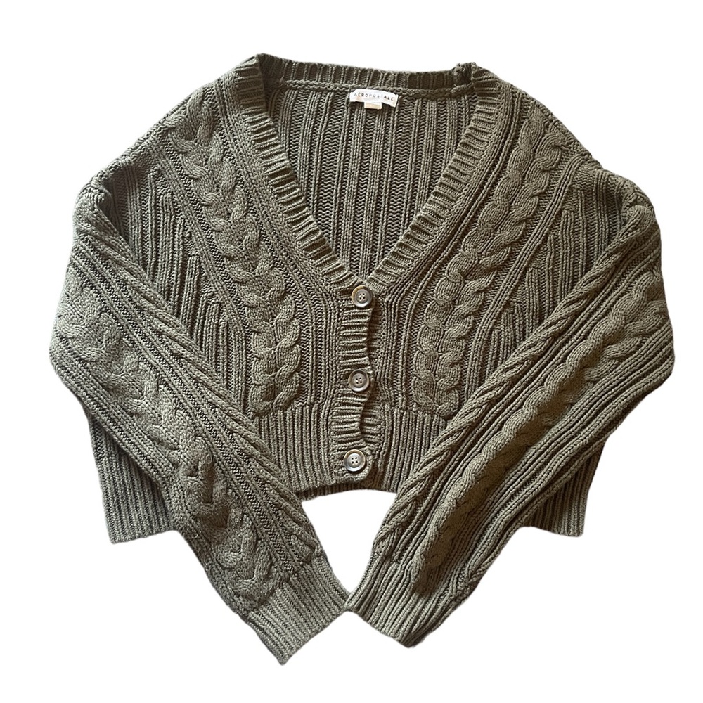 Aeropostale Olive Green Knitted Cropped Sweater Brown Buttons- Size Medi…